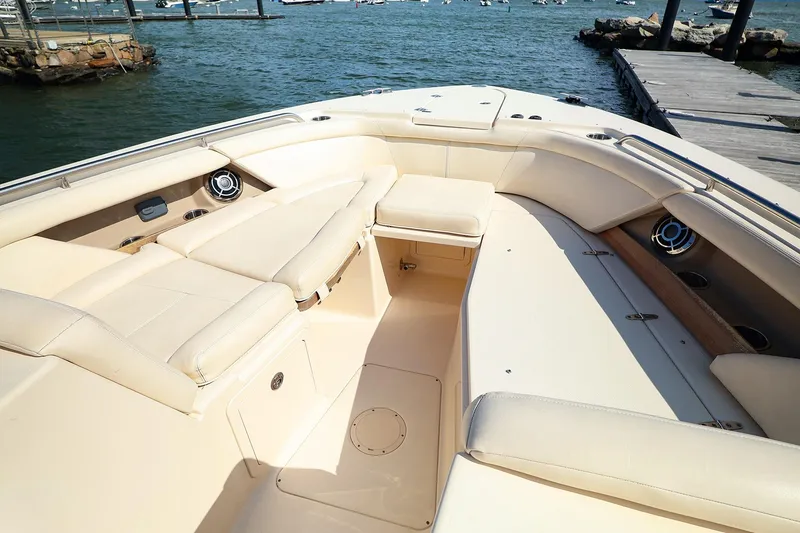 Slide: The Image of 2015 Grady White 335 Freedom boat interior with spacious seating and ocean view. - 12