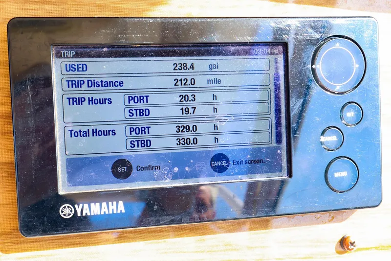Slide: The Image of Yamaha display showing trip data for 2015 Grady White 335 Freedom boat. - 7