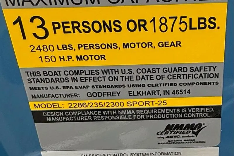Slide: The Image of Godfrey Xperience EX2286SBX 2026 boat capacity label, 13 persons or 1875 lbs, NMMA certified. - 10