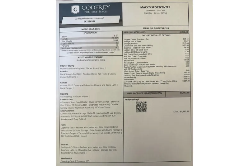 Slide: The Image of Godfrey Xperience EX2286SBX 2026 specifications sheet with pricing and features. - 13