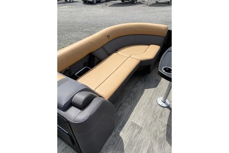 Slide: The Image of Luxurious seating in 2025 Viaggio Lago Z-S boat with tan and gray upholstery. - 23