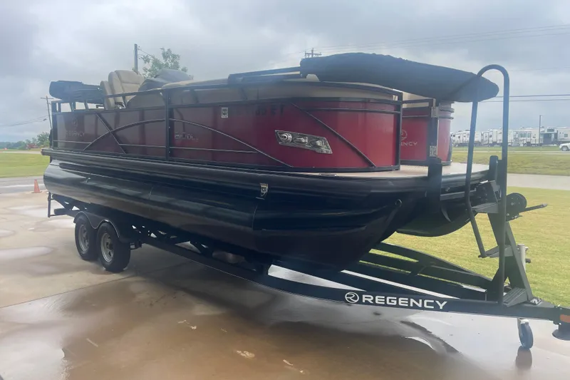 Slide: The Image of 2019 Regency 210 DL3 pontoon boat on trailer, parked outdoors on a cloudy day. - 3