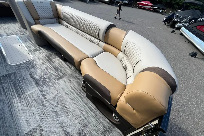 Slide: The Image of Luxurious seating on 2026 Avalon Catalina Versatile Rear Bench boat, featuring elegant upholstery design. - 10