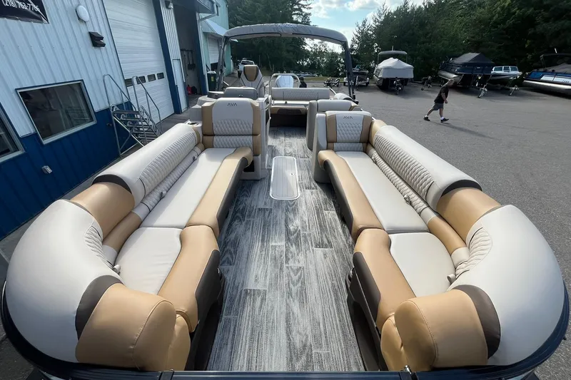 Slide: The Image of 2026 Avalon Catalina Versatile Rear Bench boat with luxurious seating and modern design. - 8
