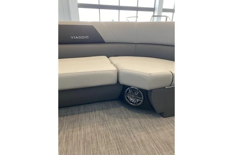 Slide: The Image of 2025 Viaggio Lago V-U boat interior with sleek gray seating and stylish design. - 17