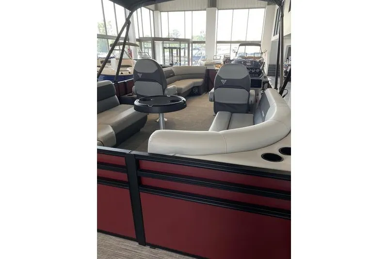 Slide: The Image of Luxurious interior of 2025 Viaggio Lago V-U pontoon boat with plush seating and modern design. - 19