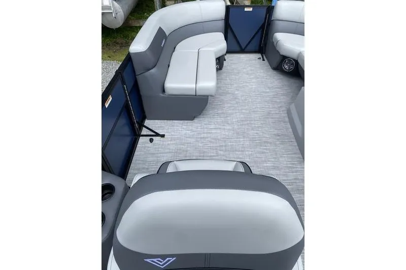 Slide: The Image of 2025 Viaggio Lago V-U boat interior with gray seating and modern design. - 10