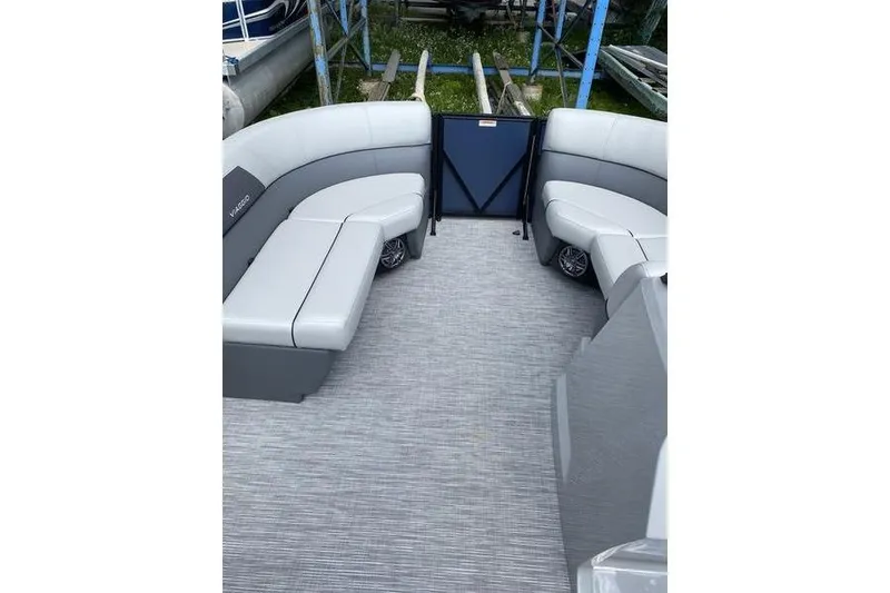 Slide: The Image of 2025 Viaggio Lago V-U boat interior with gray seating and carpeted floor. - 12