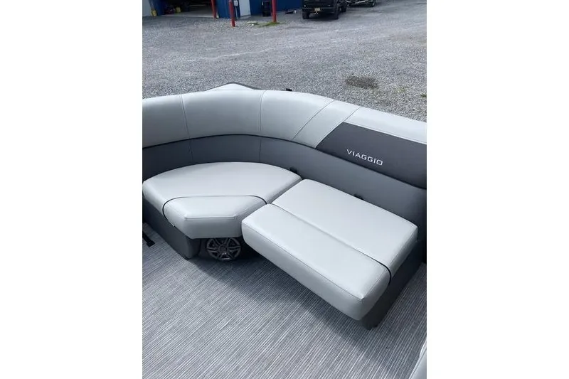 Slide: The Image of Viaggio Lago V-U 2025 boat interior with sleek gray seating and modern design. - 7