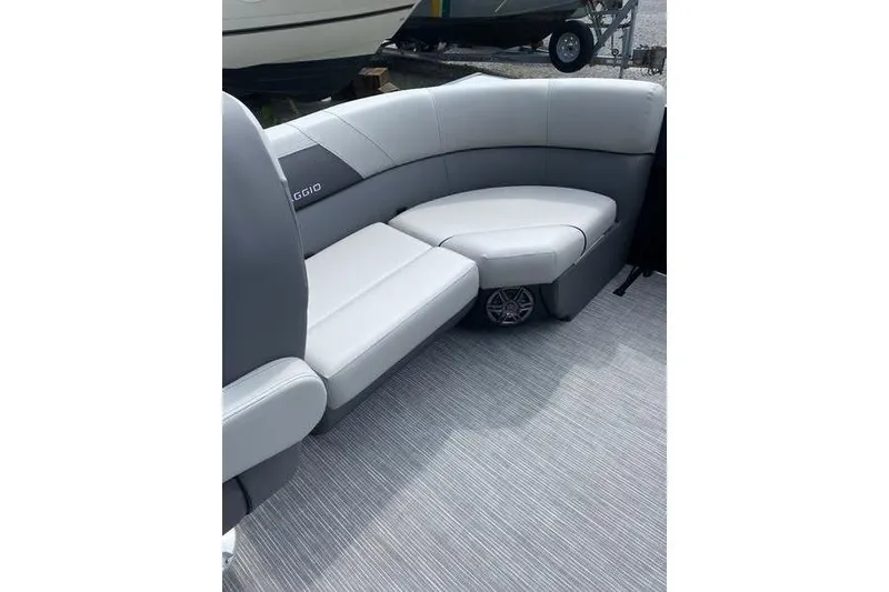 Slide: The Image of Luxurious seating on 2025 Viaggio Lago V-U boat, featuring sleek gray upholstery. - 8