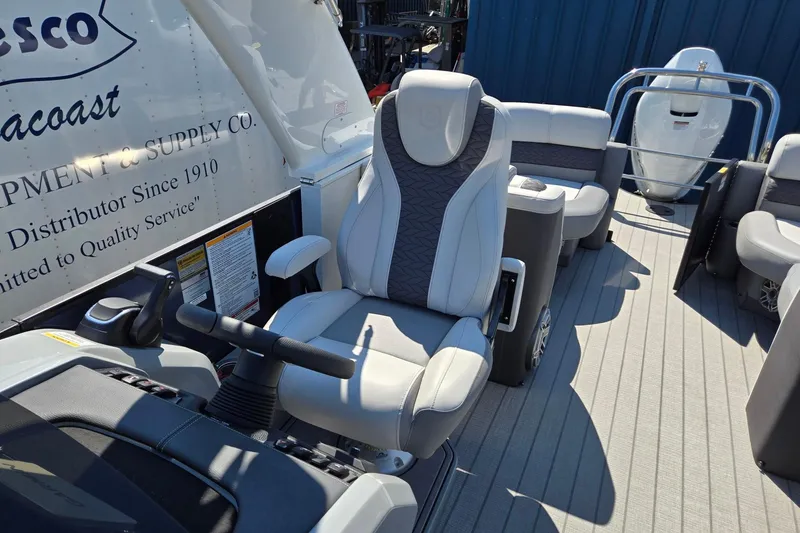 Slide: The Image of Luxury seating on 2025 Godfrey Monaco 255 SB pontoon boat deck. - 17