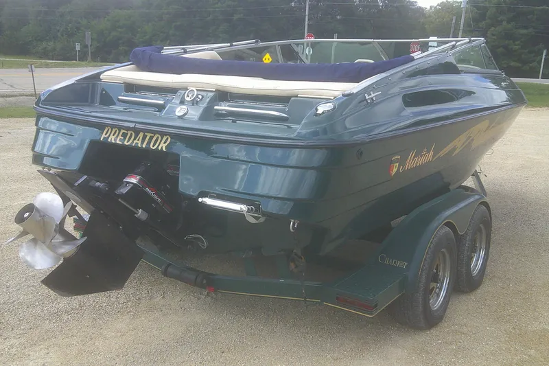 Slide: The Image of 1997 Mariah Z 210 Shabah boat on trailer, rear view, outdoors. - 18