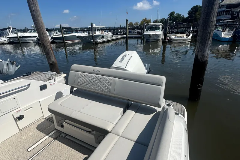 Slide: The Image of Luxurious 2025 Sea Ray SDX 250 Outboard boat interior at marina dock. - 9