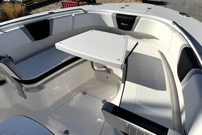 Slide: The Image of 2025 Robalo R270 Center Console boat interior with seating and table. - 12