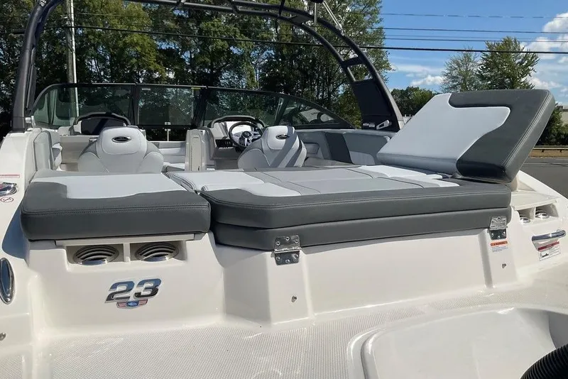 Slide: The Image of 2026 Chaparral 23 SSi OB boat interior with sleek seating and modern design. - 18