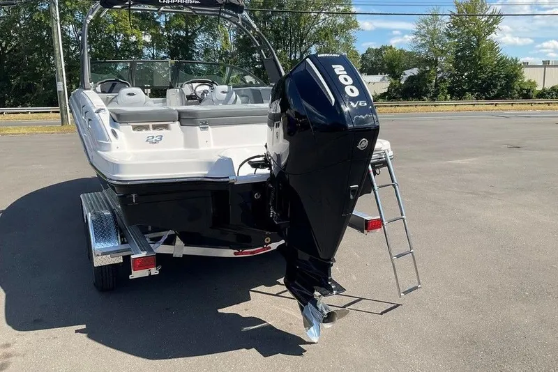 Slide: The Image of 2026 Chaparral 23 SSi OB boat with Mercury 200 V6 engine on trailer. - 3
