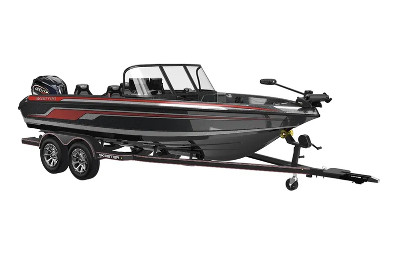 Slide: The Image of 2026 Skeeter WX1910 boat on trailer, parked outdoors, showcasing sleek design and modern features. - 0