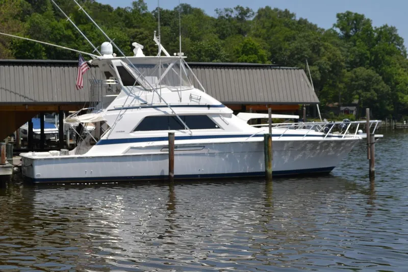 The Image of 1995 Bertram 50 Convertible yacht docked by a wooded shoreline. - 0