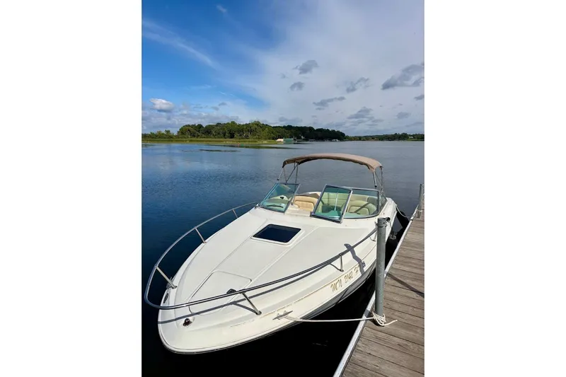 The Image of 1999 Sea Ray 260 Overnighter boat docked on a serene lake under a clear sky. - 1