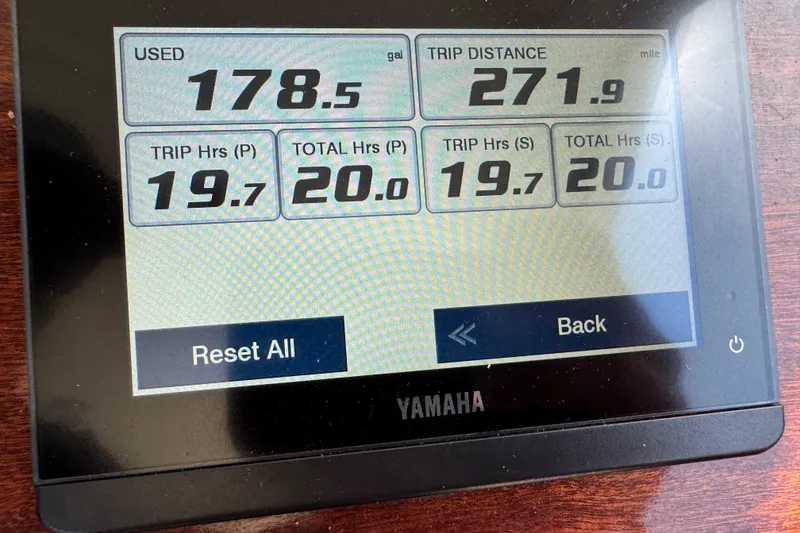 Slide: The Image of Yamaha display showing trip data: 178.5 gallons used, 271.9 miles traveled, 2026 NorthCoast 285 HT. - 8