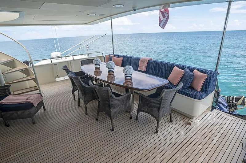 Slide: The Image of Luxury yacht deck with elegant seating, ocean view, and stylish decor on a 2000 Broward Raised Pilothouse. - 27