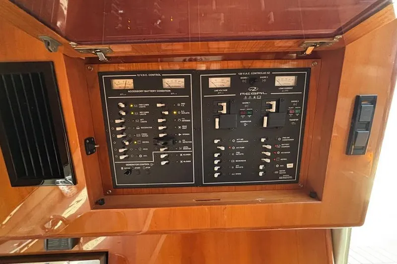 Slide: The Image of Electrical control panel of 2005 Regal Commodore 4260 yacht, featuring switches and meters. - 17
