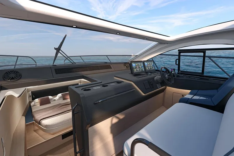 Slide: The Image of 2026 Beneteau Gran Turismo 40 interior cabin with modern seating and ambient lighting. - 17