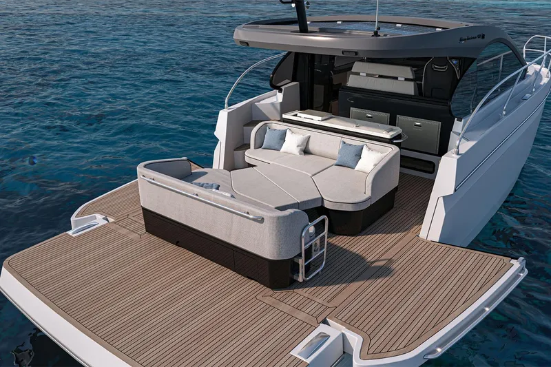 Slide: The Image of 2026 Beneteau Gran Turismo 40 yacht on clear blue water, side view. - 9