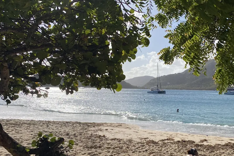 Slide: The Image of Tropical beach scene with sailboats, clear water, and lush greenery, Vision 444, 2021. - 10