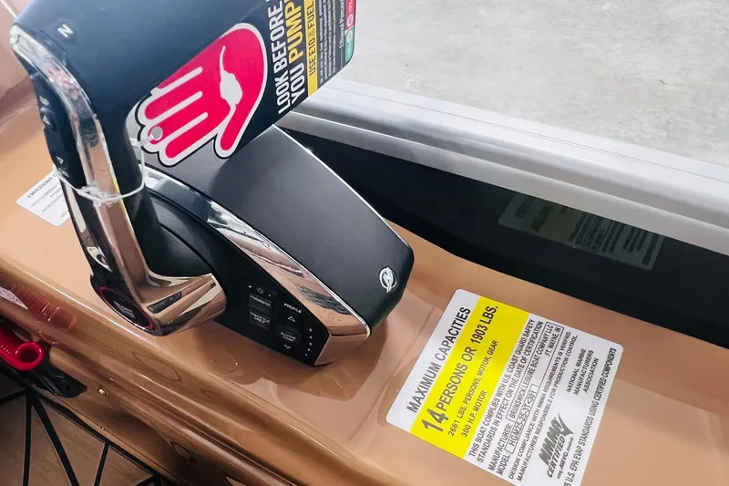 Slide: The Image of Throttle control of 2025 Harris 250 Grand Mariner V10 400, showing capacity label. - 20