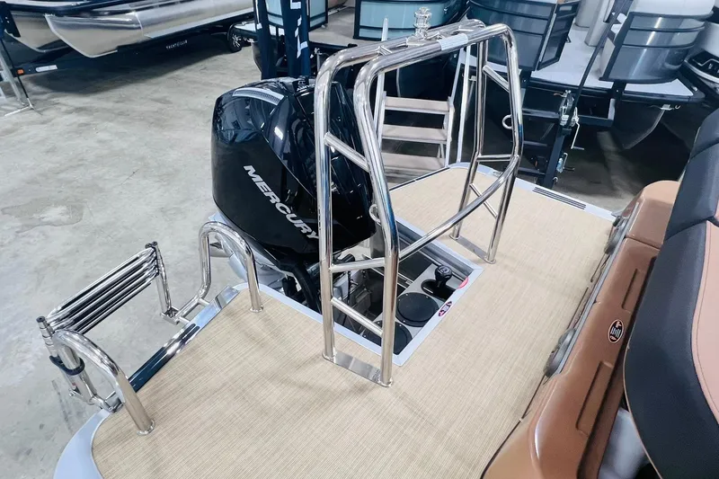 Slide: The Image of 2025 Harris 250 Grand Mariner V10 400 boat with Mercury engine and stainless steel ladder. - 38