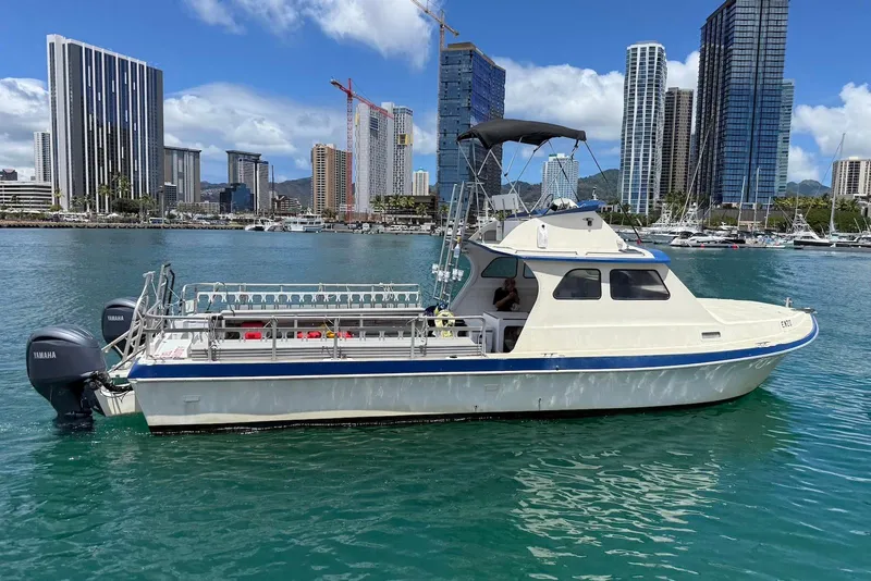 The Image of 2001 Force Power Cat boat docked in urban marina with city skyline backdrop. - 1