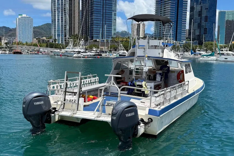 Slide: The Image of 2001 Force Power Cat boat with Yamaha engines docked in a marina, city skyline in background. - 3