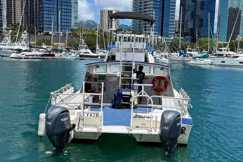 Slide: The Image of 2001 Force Power Cat boat in marina, skyscrapers in background, clear blue water. - 4