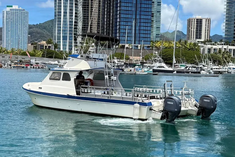 Slide: The Image of 2001 Force Power Cat boat cruising in a marina with city skyline backdrop. - 5