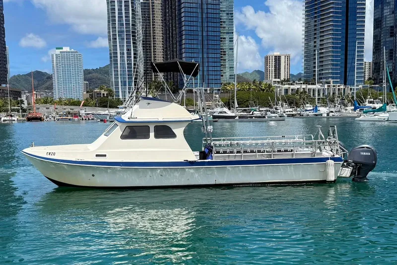 Slide: The Image of 2001 Force Power Cat boat docked in urban marina with skyscrapers in background. - 6