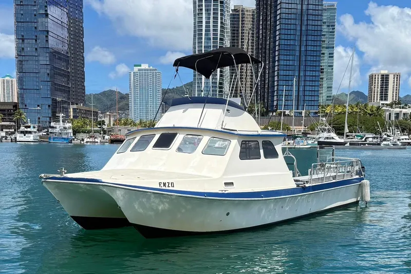 Slide: The Image of 2001 Force Power Cat boat docked in urban marina with skyscrapers in background. - 7
