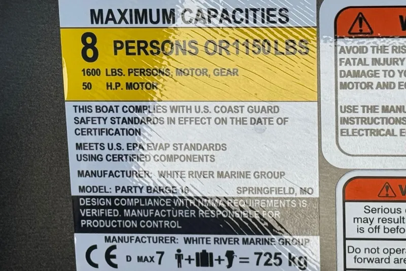 Slide: The Image of 2025 Sun Tracker Party Barge 16 DLX capacity label, 8 persons, 1150 lbs, 50 HP motor. - 21