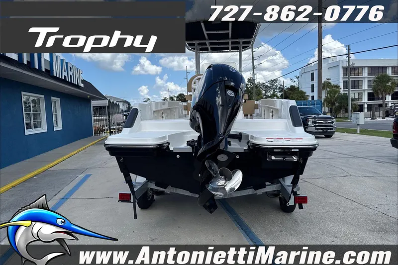 Slide: The Image of 2026 Trophy T22 Center Console boat displayed at Antonietti Marine dealership. - 2