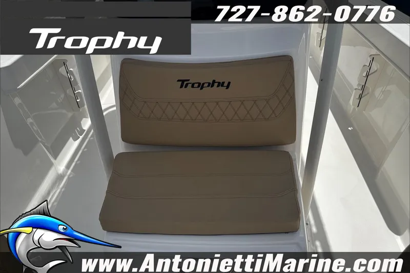 Slide: The Image of 2026 Trophy T22 Center Console boat seat with logo, contact info, and website. - 23