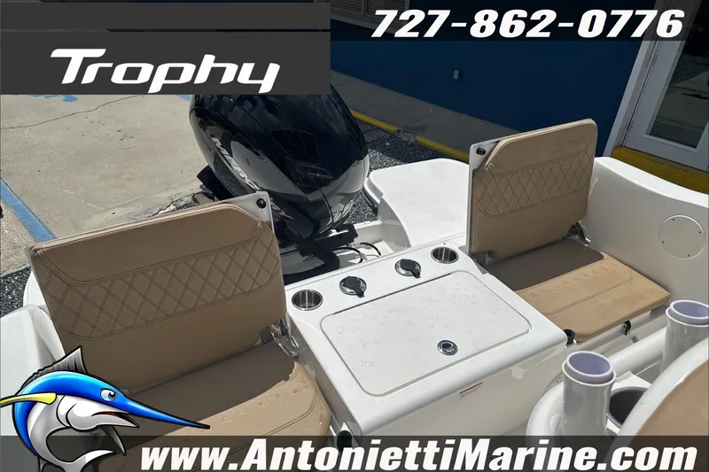 Slide: The Image of 2026 Trophy T22 Center Console boat with seating and engine, displayed at Antonietti Marine. - 29