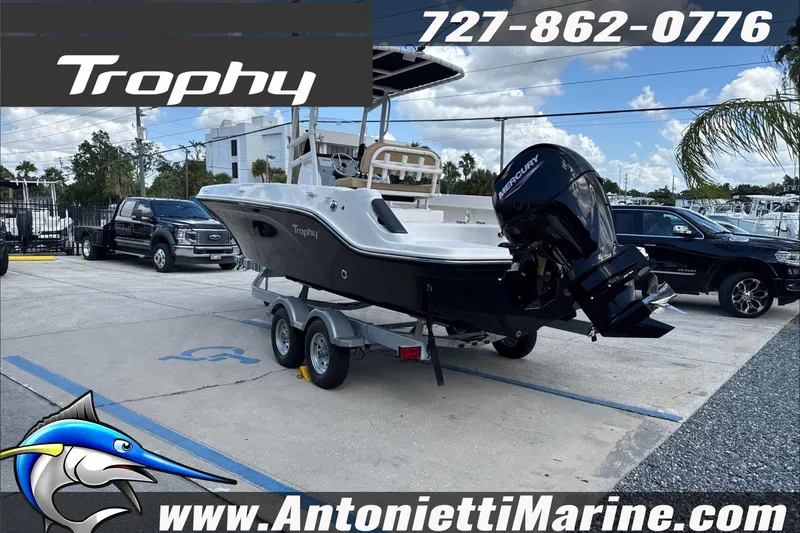 Slide: The Image of 2026 Trophy T22 Center Console boat on trailer at Antonietti Marine dealership. - 3