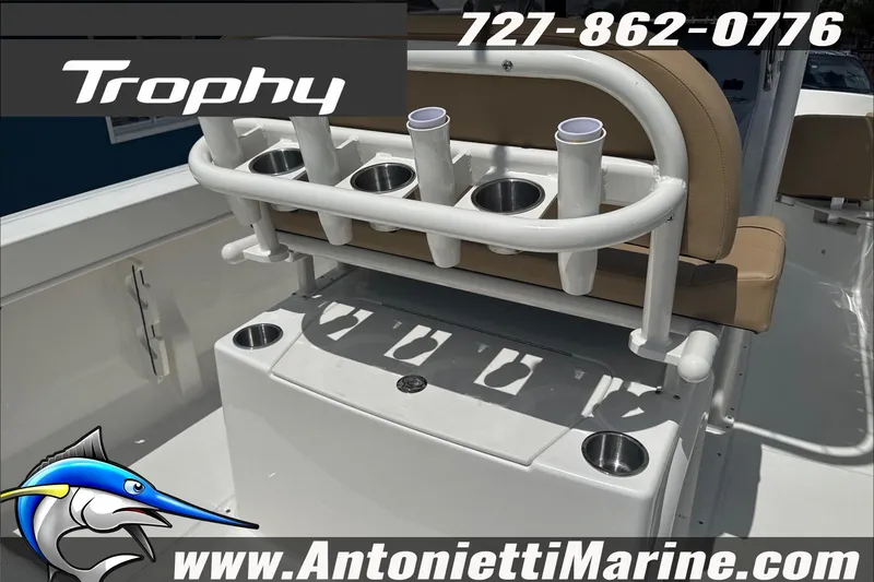 Slide: The Image of 2026 Trophy T22 Center Console boat interior with rod holders and seating, Antonietti Marine branding. - 31