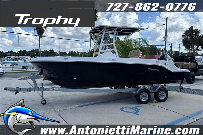 Slide: The Image of 2026 Trophy T22 Center Console boat on trailer at Antonietti Marine dealership. - 4