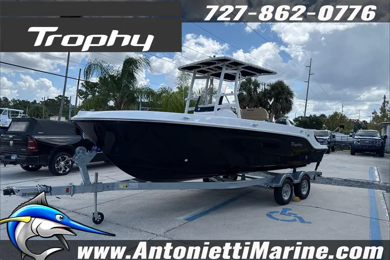 Slide: The Image of 2026 Trophy T22 Center Console boat on trailer at Antonietti Marine dealership. - 5