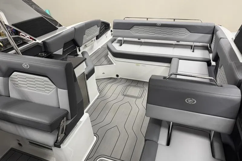 Slide: The Image of 2026 Cobalt A29 boat interior with sleek gray seating and modern design. - 26