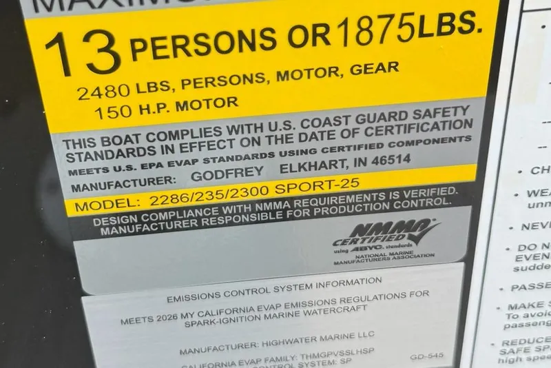 Slide: The Image of 2026 Godfrey Xperience EX2286SFLX boat capacity label, 13 persons or 1875 lbs, 150 HP motor. - 11
