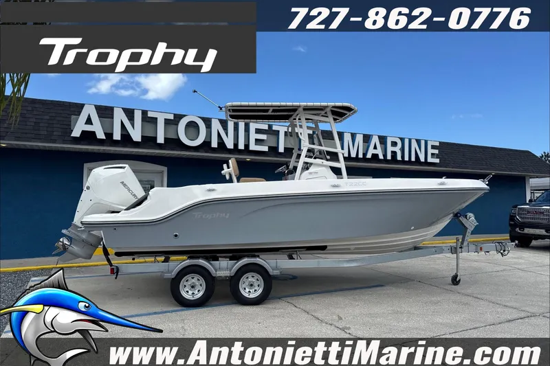 The Image of 2026 Trophy T22CC Center Console boat on trailer at Antonietti Marine dealership. - 2