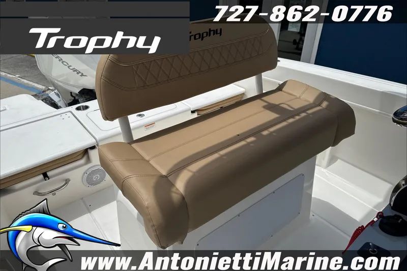 Slide: The Image of 2026 Trophy T22CC Center Console boat interior with tan seating, displayed by Antonietti Marine. - 24