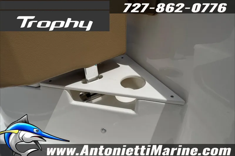 Slide: The Image of 2026 Trophy T22CC Center Console boat seat detail with cup holder, Antonietti Marine branding. - 27